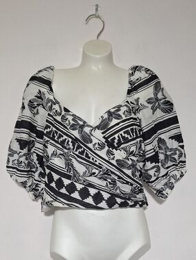 Express Black and White Patterned Wrap Crop Cotton Blouse